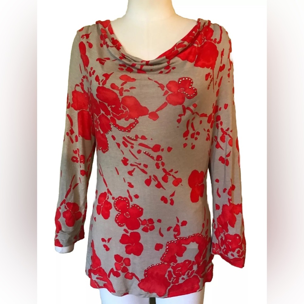 INC Orange & Gray Floral Drape Neck Top Size Large